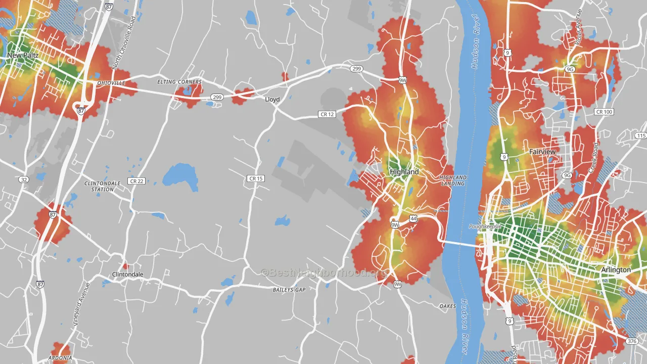 Walk Grade map of Highland, NY, walkable areas in green and car-dependent areas in red
