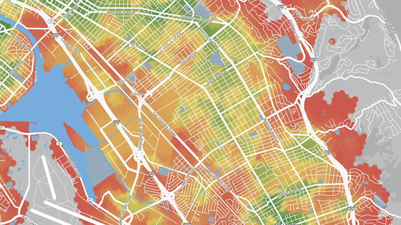 Walk Grade map of Highland, Oakland, CA, walkable areas in green and car-dependent areas in red