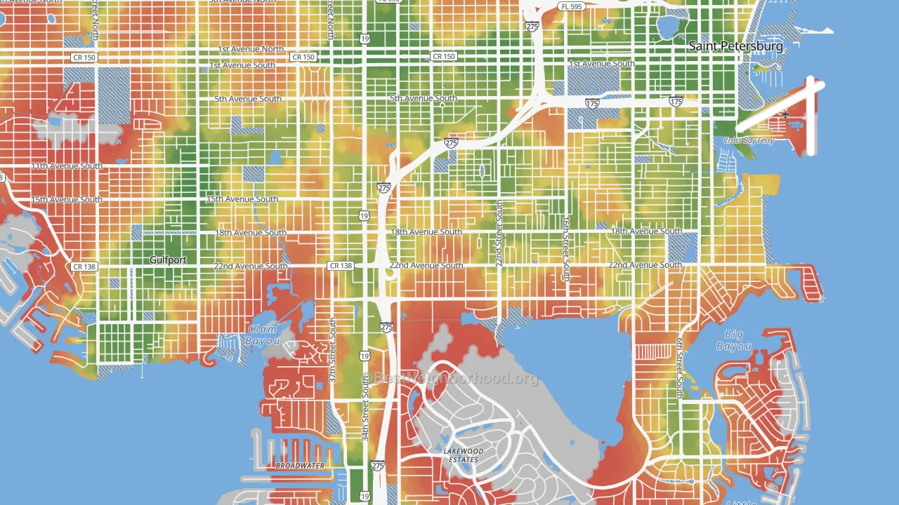 Walk Grade map of Highland Oaks, St. Petersburg, FL, walkable areas in green and car-dependent areas in red