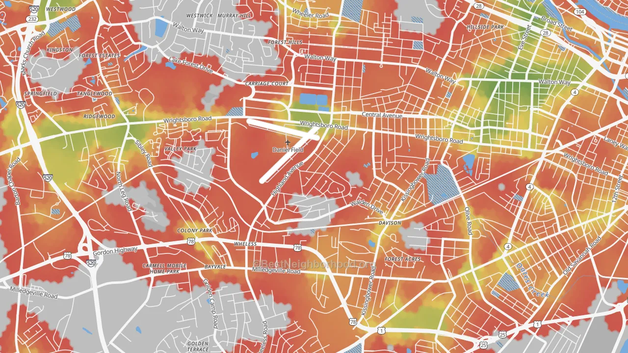 Walk Grade map of Highland Park, Augusta, GA, walkable areas in green and car-dependent areas in red