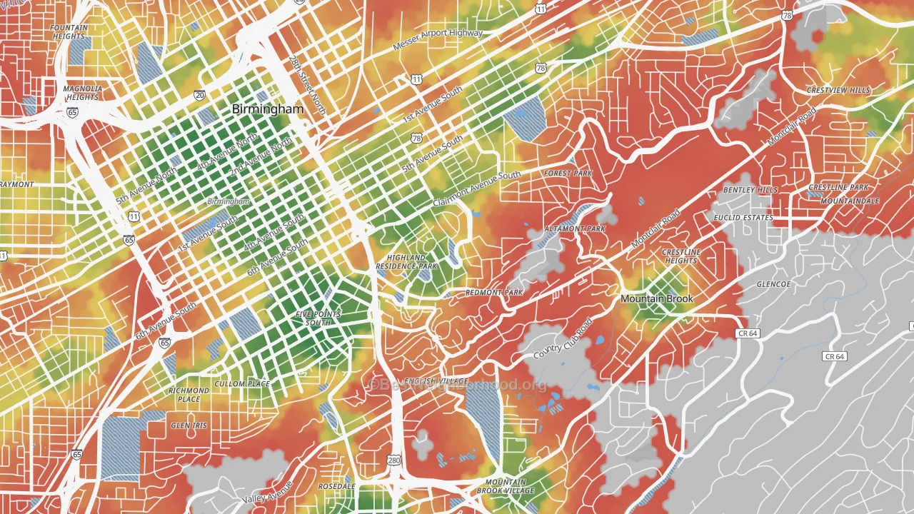 Walk Grade map of Highland Park, Birmingham, AL, walkable areas in green and car-dependent areas in red