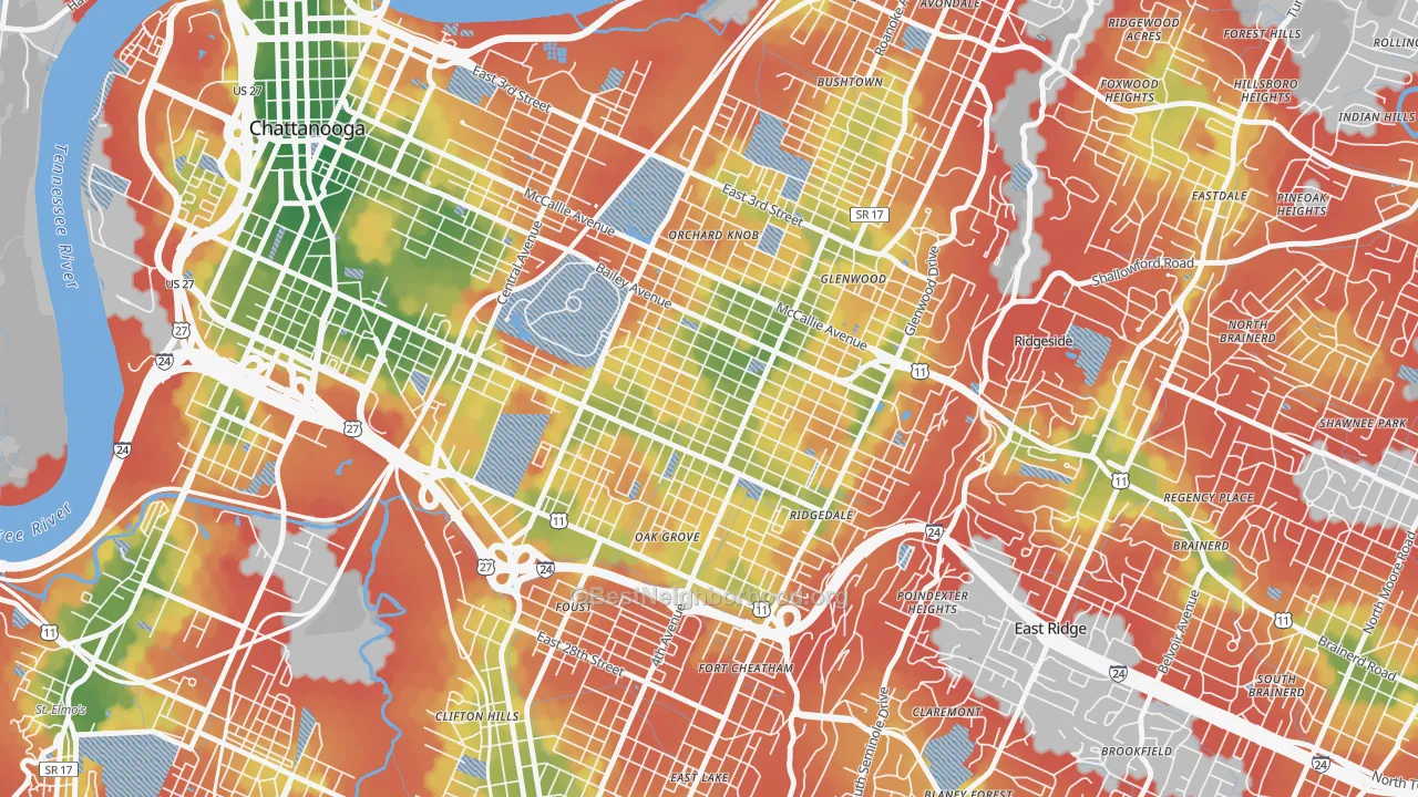 Walk Grade map of Highland Park, Chattanooga, TN, walkable areas in green and car-dependent areas in red