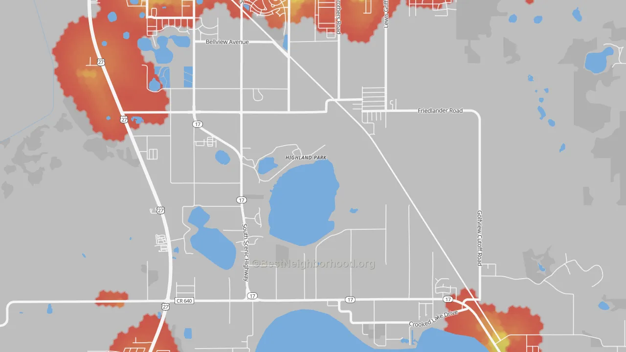 Walk Grade map of Highland Park, FL, walkable areas in green and car-dependent areas in red