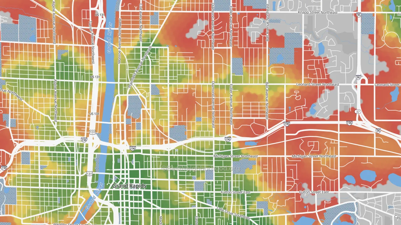 Walk Grade map of Highland Park, Grand Rapids, MI, walkable areas in green and car-dependent areas in red