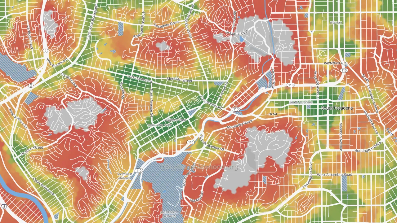 Walk Grade map of Highland Park, Los Angeles, CA, walkable areas in green and car-dependent areas in red