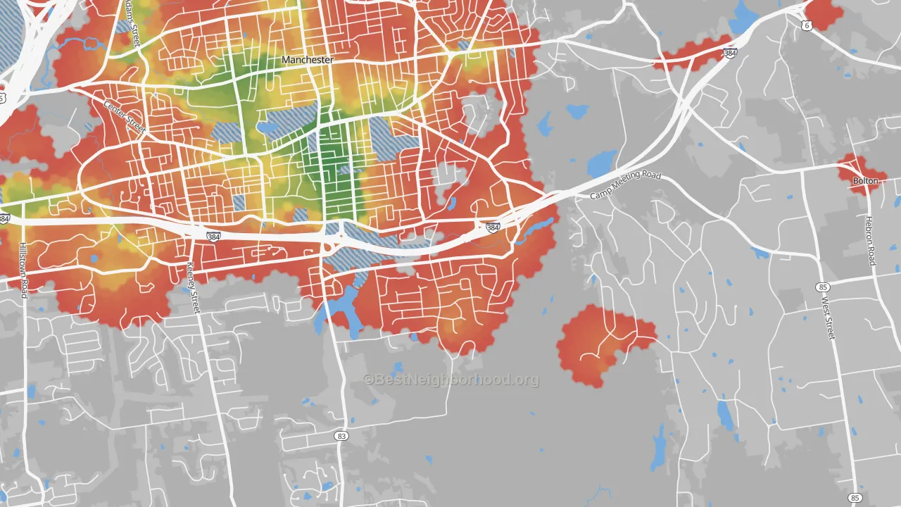 Walk Grade map of Highland Park, Manchester, CT, walkable areas in green and car-dependent areas in red