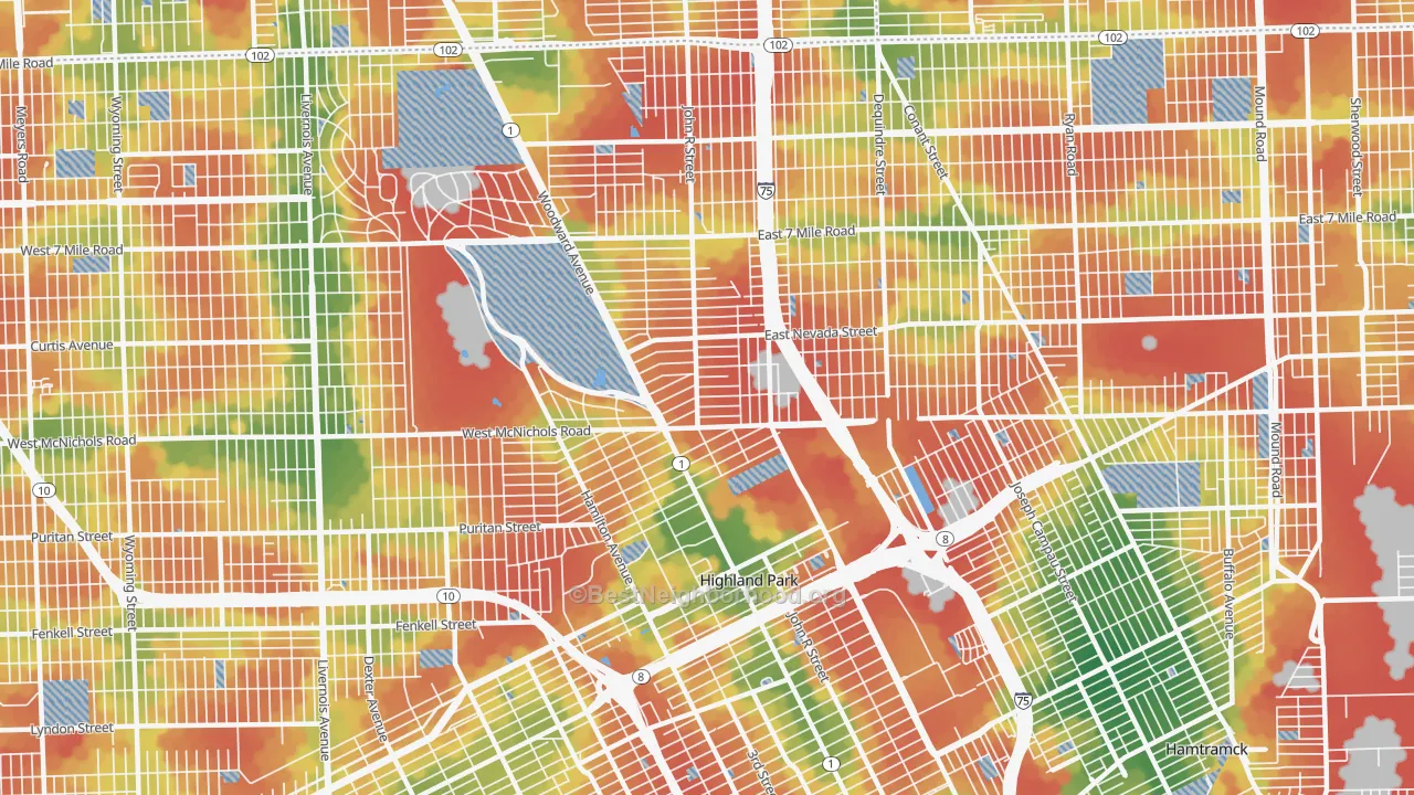 Walk Grade map of Highland Park, MI, walkable areas in green and car-dependent areas in red