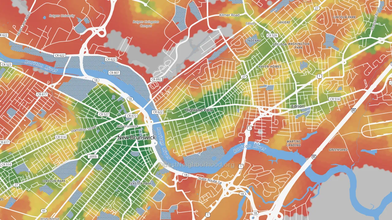 Walk Grade map of Highland Park, NJ, walkable areas in green and car-dependent areas in red