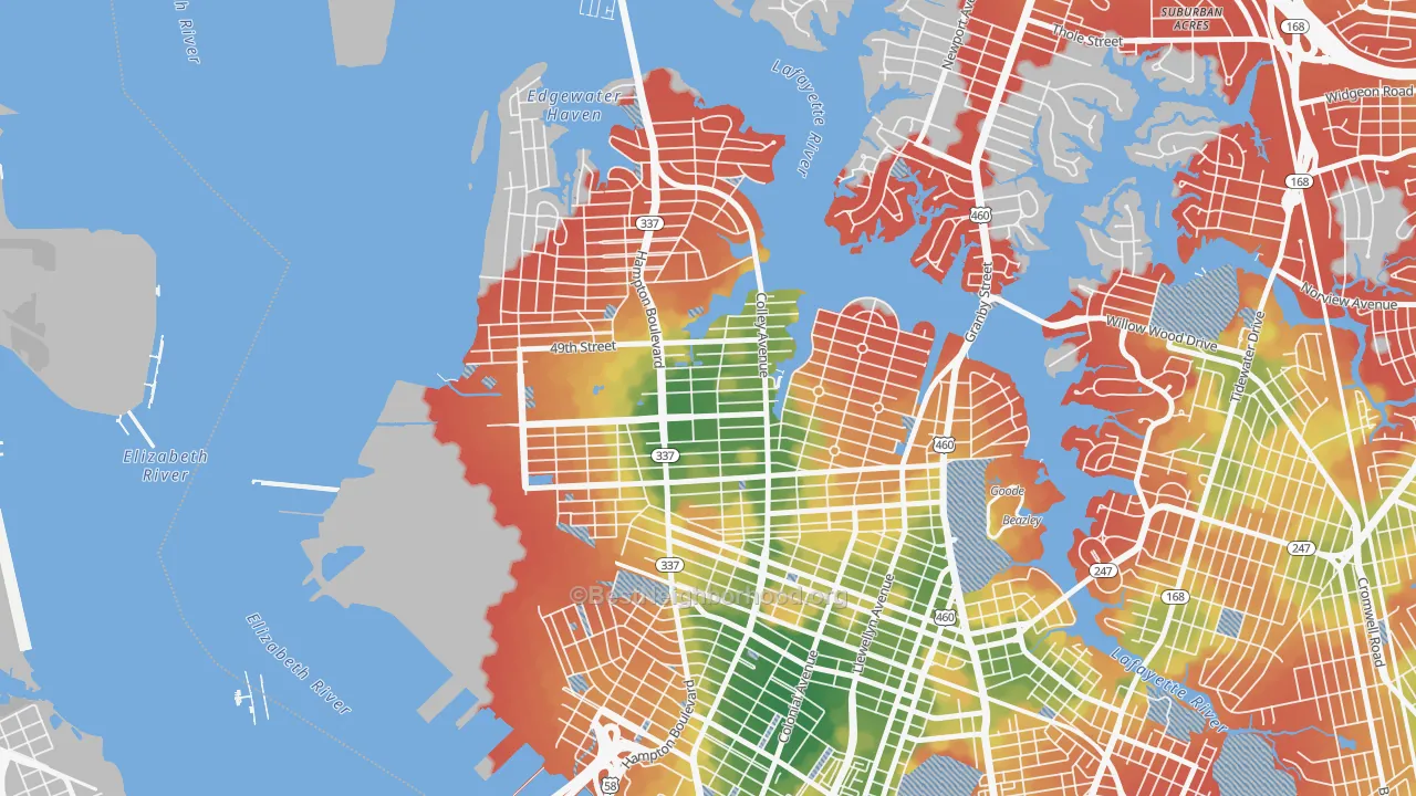 Walk Grade map of Highland Park, Norfolk, VA, walkable areas in green and car-dependent areas in red