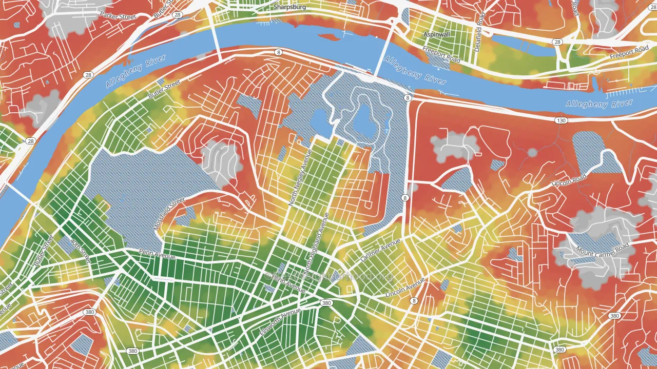 Walk Grade map of Highland Park, Pittsburgh, PA, walkable areas in green and car-dependent areas in red