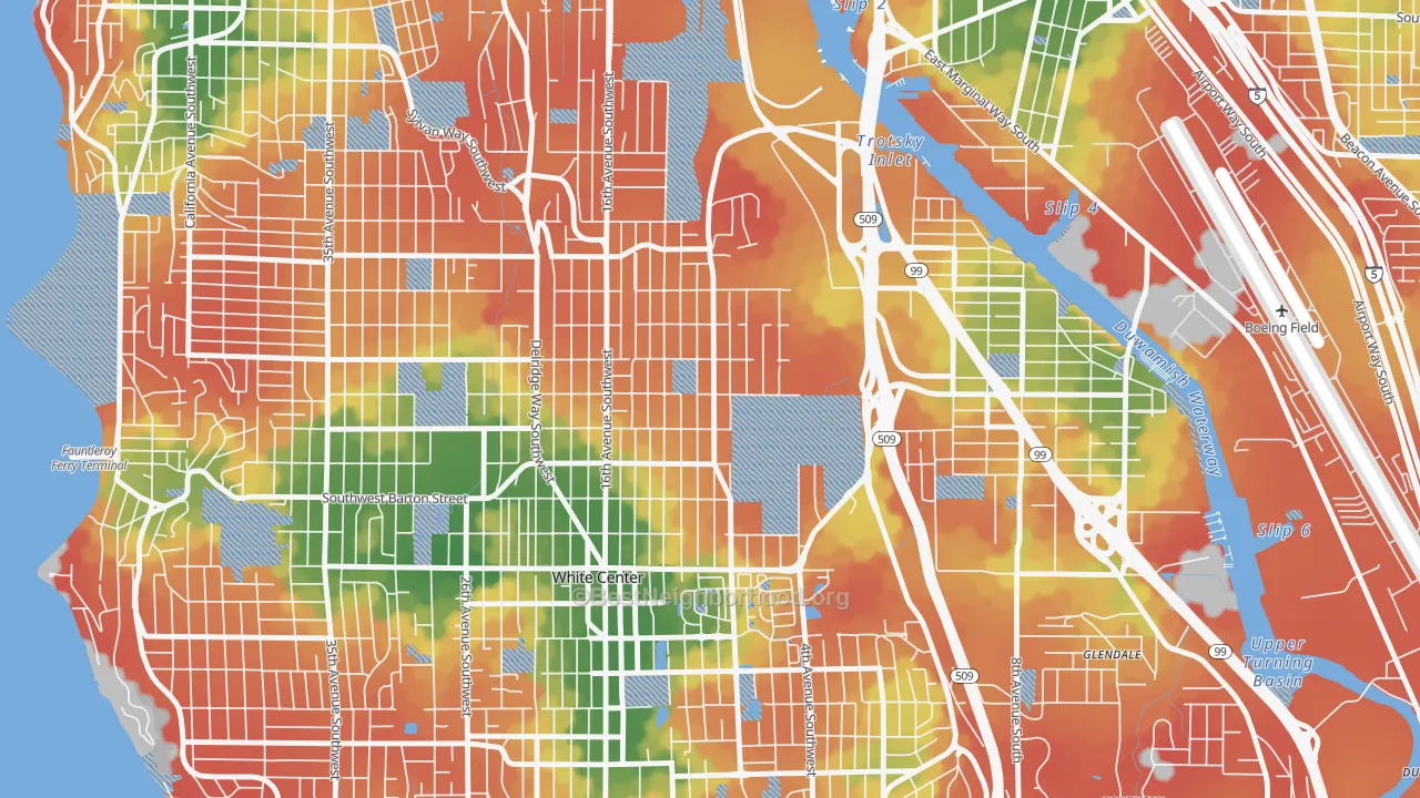 Walk Grade map of Highland Park, Seattle, WA, walkable areas in green and car-dependent areas in red