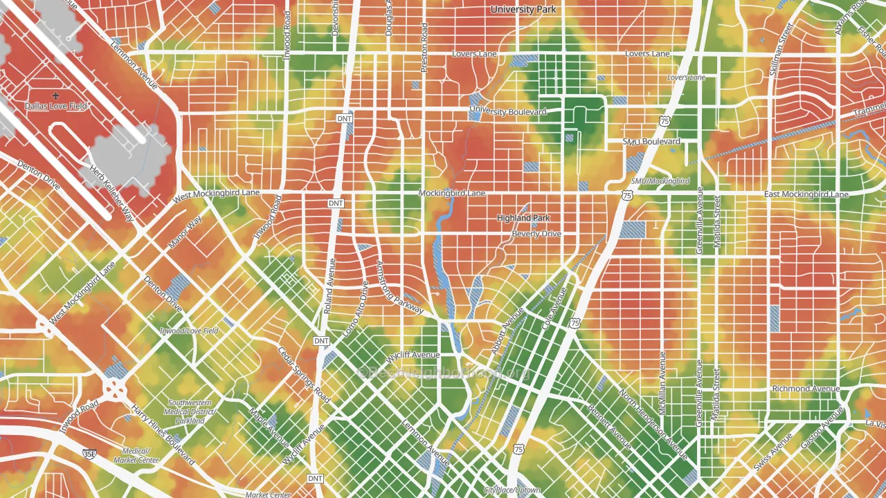 Walk Grade map of Highland Park, TX, walkable areas in green and car-dependent areas in red