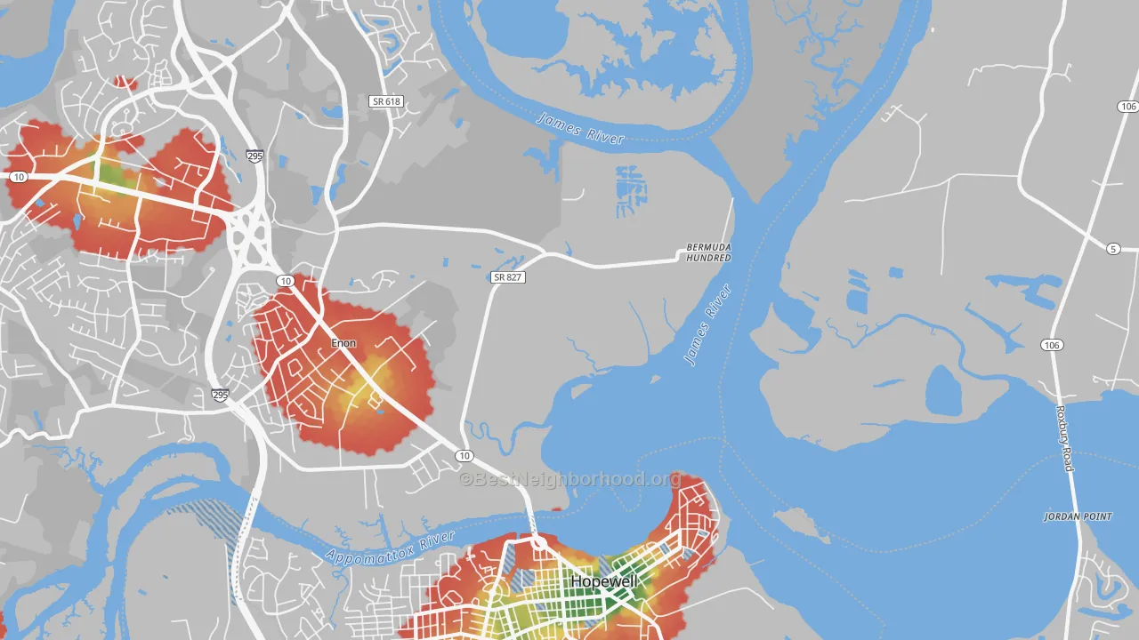 Walk Grade map of Highland Park, VA, walkable areas in green and car-dependent areas in red