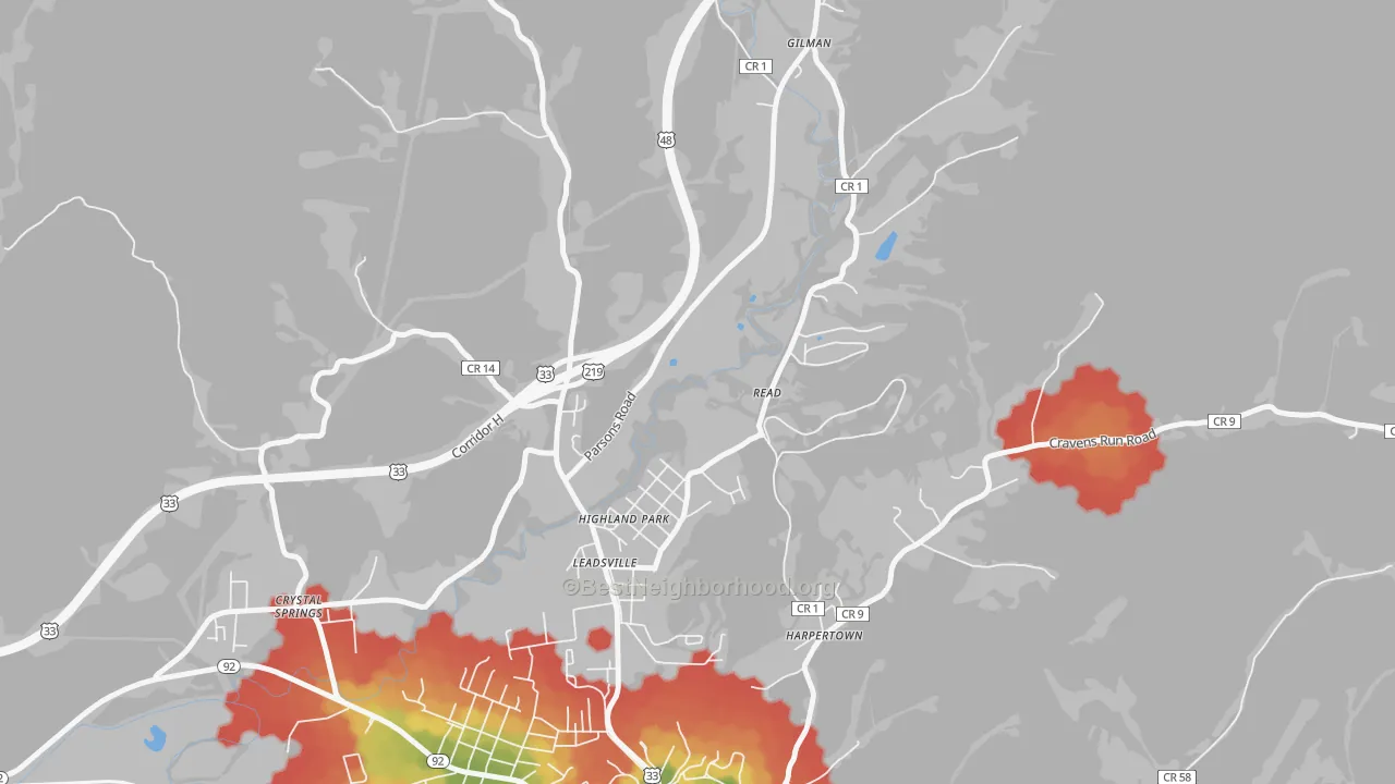 Walk Grade map of Highland Park, WV, walkable areas in green and car-dependent areas in red
