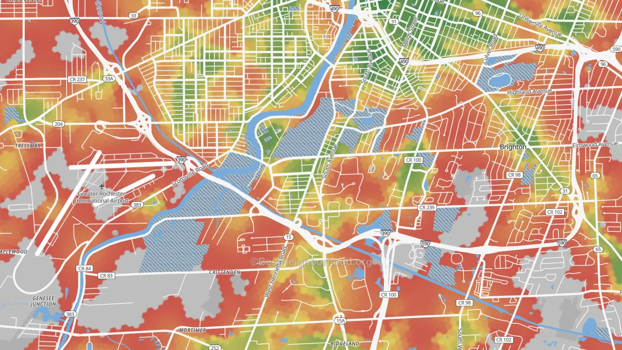 Walk Grade map of Highland, Rochester, NY, walkable areas in green and car-dependent areas in red