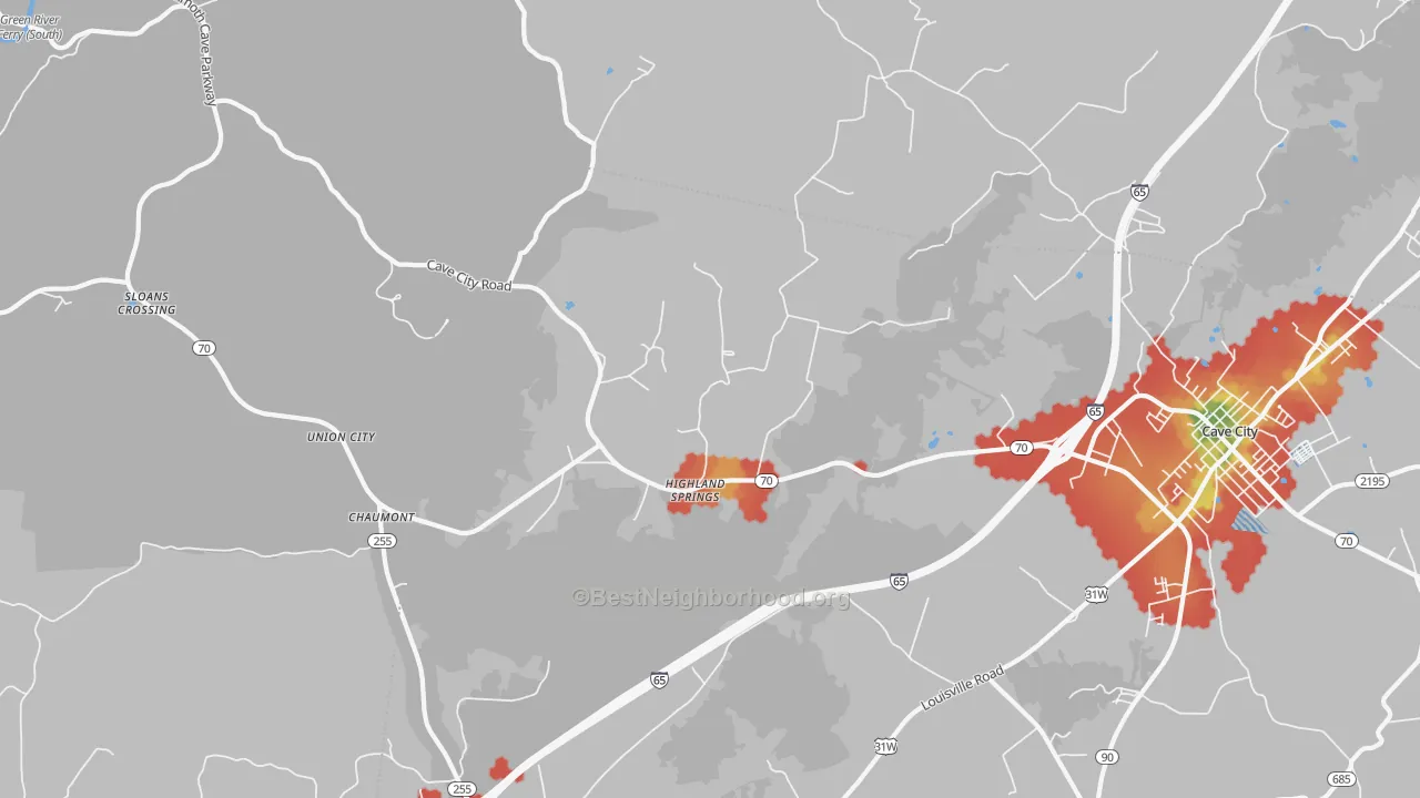 Walk Grade map of Highland Spring, KY, walkable areas in green and car-dependent areas in red
