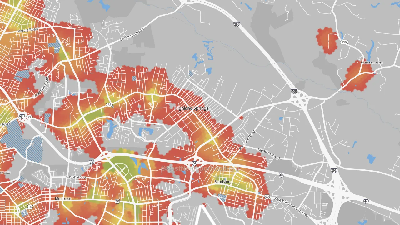 Walk Grade map of Highland Springs, VA, walkable areas in green and car-dependent areas in red