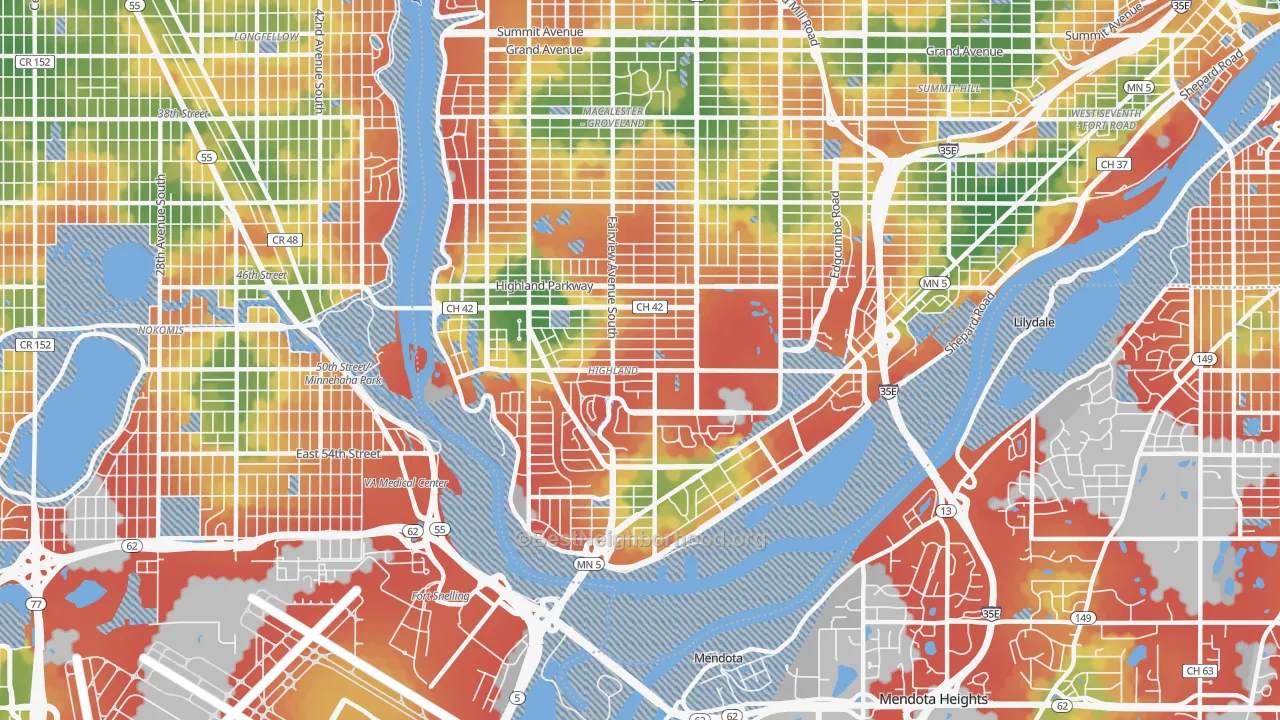 Walk Grade map of Highland, St. Paul, MN, walkable areas in green and car-dependent areas in red