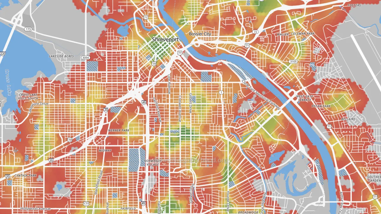 Walk Grade map of Highland-Stoner Hill, Shreveport, LA, walkable areas in green and car-dependent areas in red