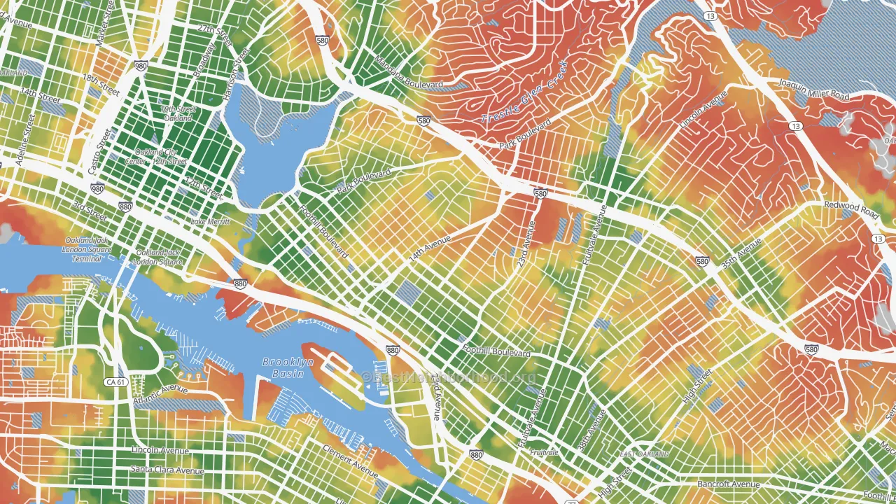 Walk Grade map of Highland Terrace, Oakland, CA, walkable areas in green and car-dependent areas in red
