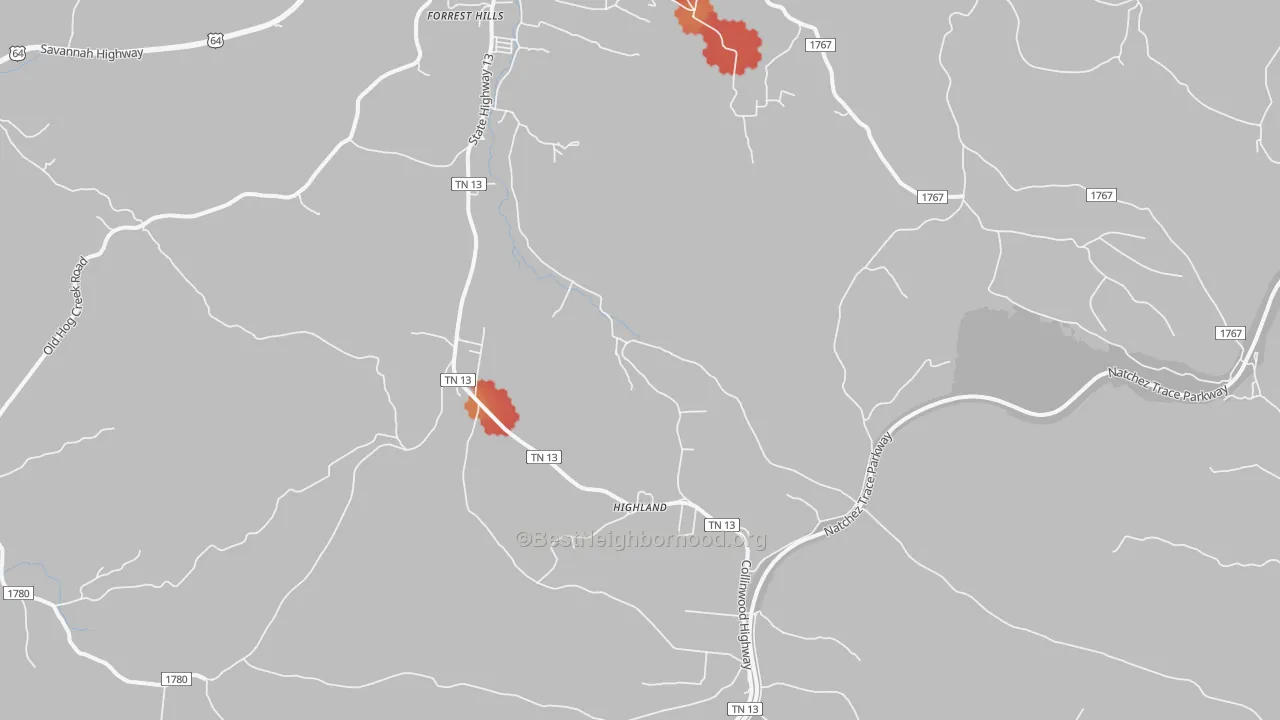 Walk Grade map of Highland, TN, walkable areas in green and car-dependent areas in red