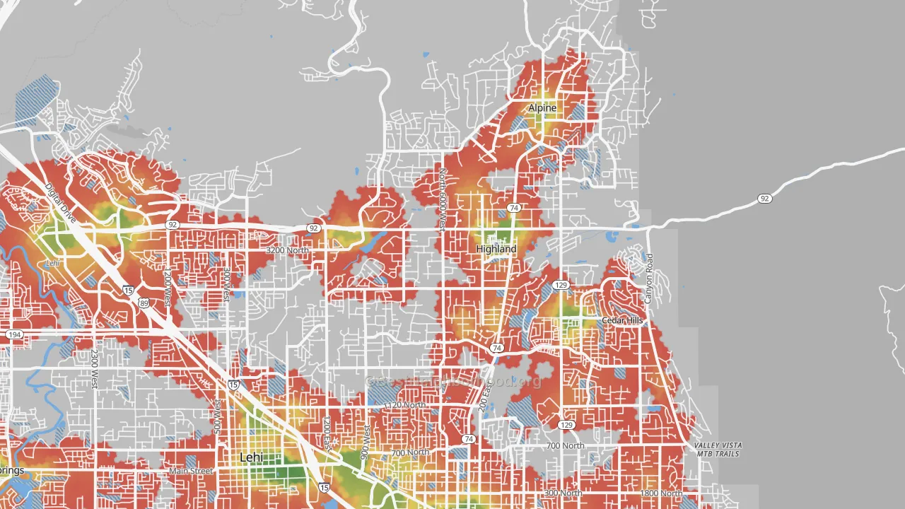 Walk Grade map of Highland, UT, walkable areas in green and car-dependent areas in red