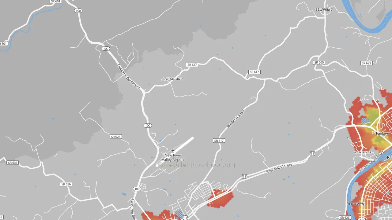 Walk Grade map of Highland, VA, walkable areas in green and car-dependent areas in red