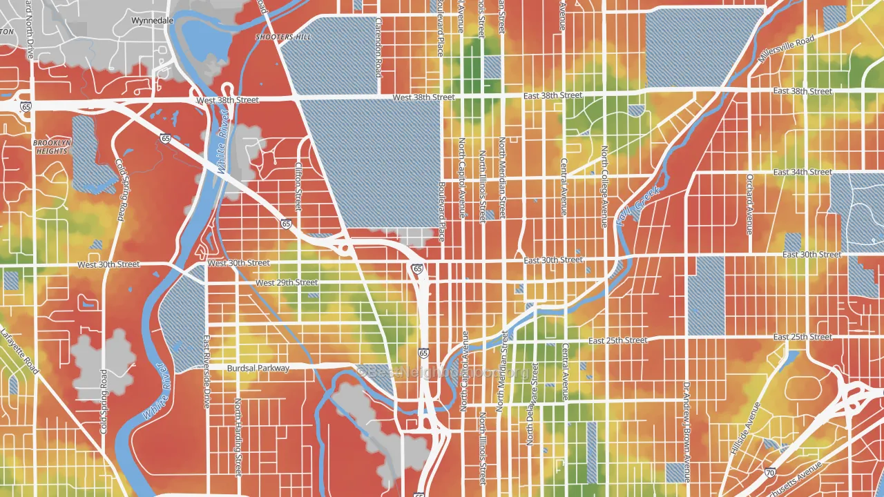 Walk Grade map of Highland Vicinity, Indianapolis, IN, walkable areas in green and car-dependent areas in red