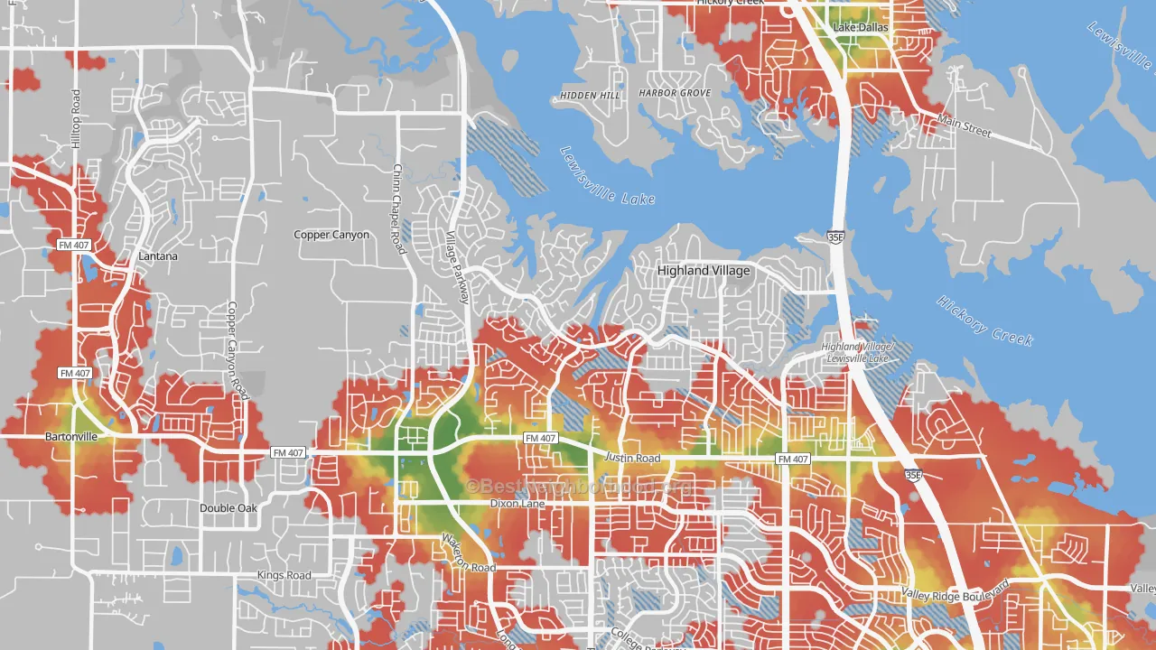 Walk Grade map of Highland Village, TX, walkable areas in green and car-dependent areas in red