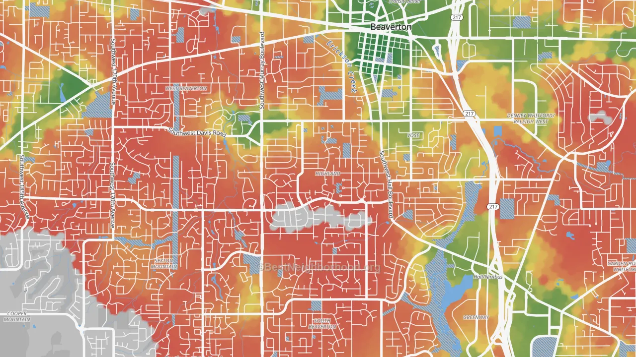 Walk Grade map of Highlands, Beaverton, OR, walkable areas in green and car-dependent areas in red