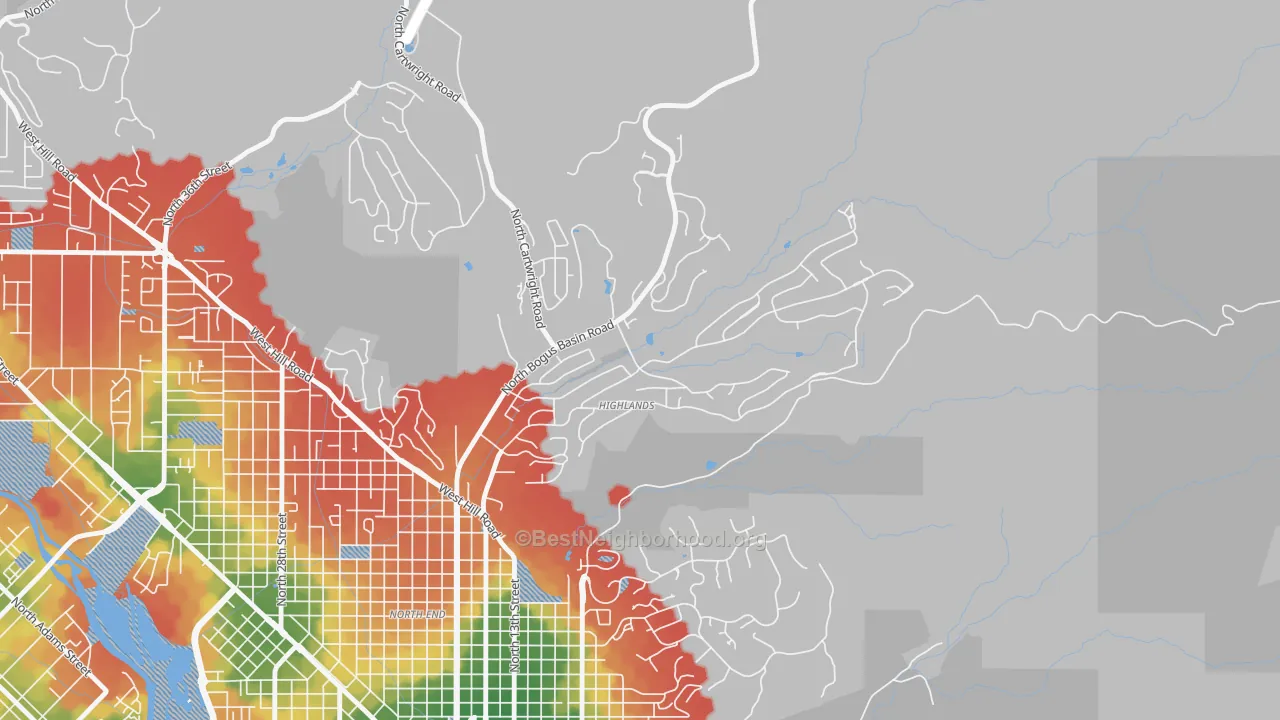 Walk Grade map of Highlands, Boise, ID, walkable areas in green and car-dependent areas in red
