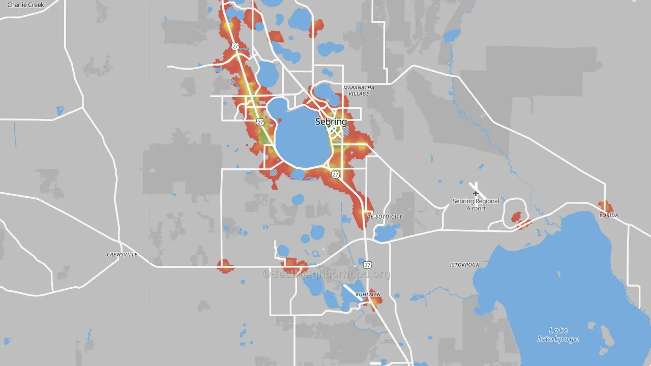 Walk Grade map of Highlands County, FL, walkable areas in green and car-dependent areas in red