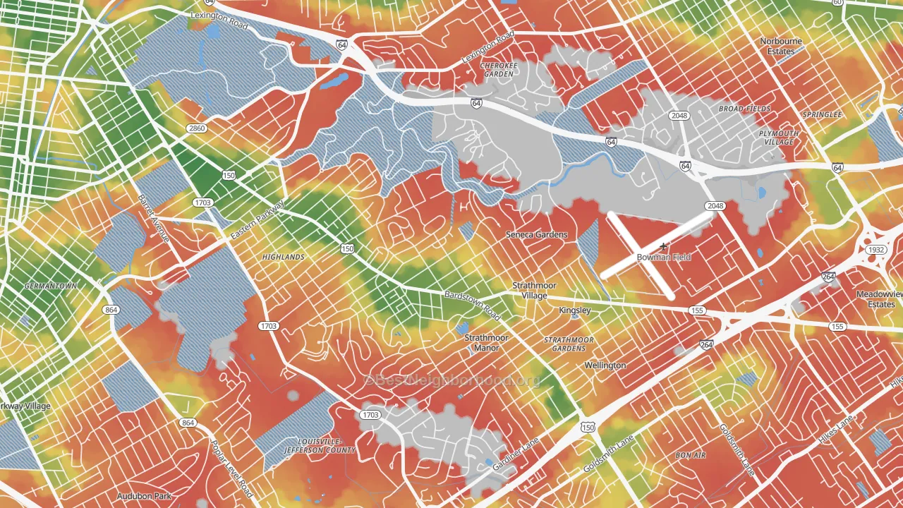 Walk Grade map of Highlands Douglass, Louisville, KY, walkable areas in green and car-dependent areas in red