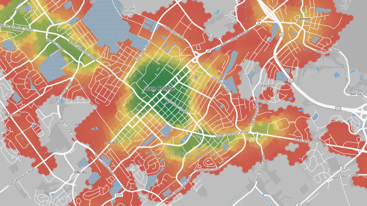 Walk Grade map of Highlands Historic District, State College, PA, walkable areas in green and car-dependent areas in red