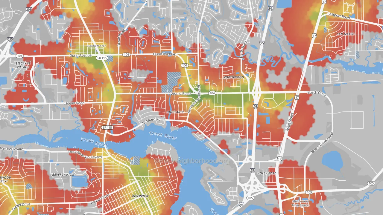 Walk Grade map of Highlands, Jacksonville, FL, walkable areas in green and car-dependent areas in red