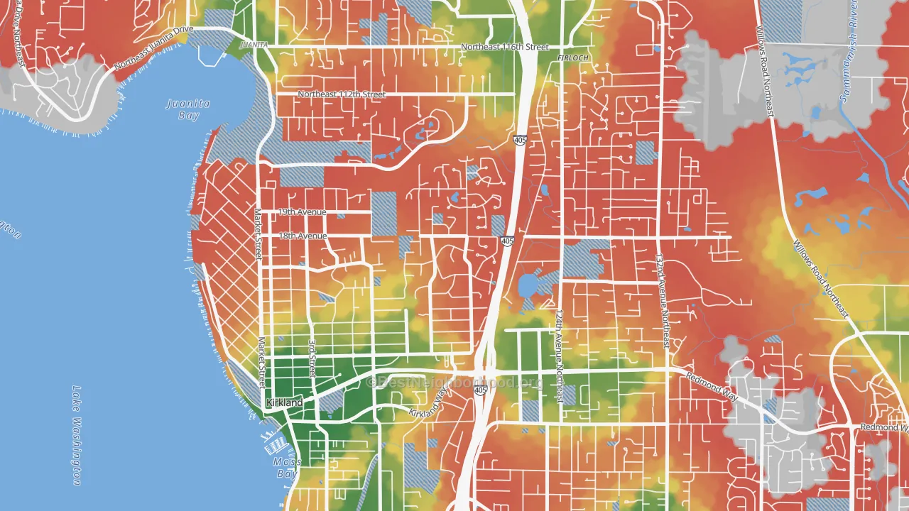 Walk Grade map of Highlands-Kirkland, Kirkland, WA, walkable areas in green and car-dependent areas in red