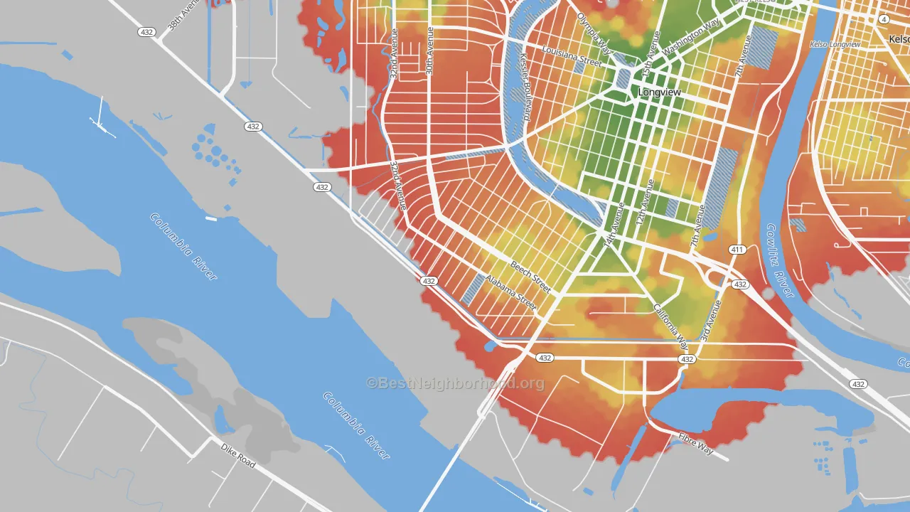Walk Grade map of Highlands, Longview, WA, walkable areas in green and car-dependent areas in red