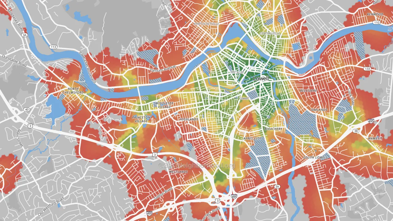 Walk Grade map of Highlands, Lowell, MA, walkable areas in green and car-dependent areas in red