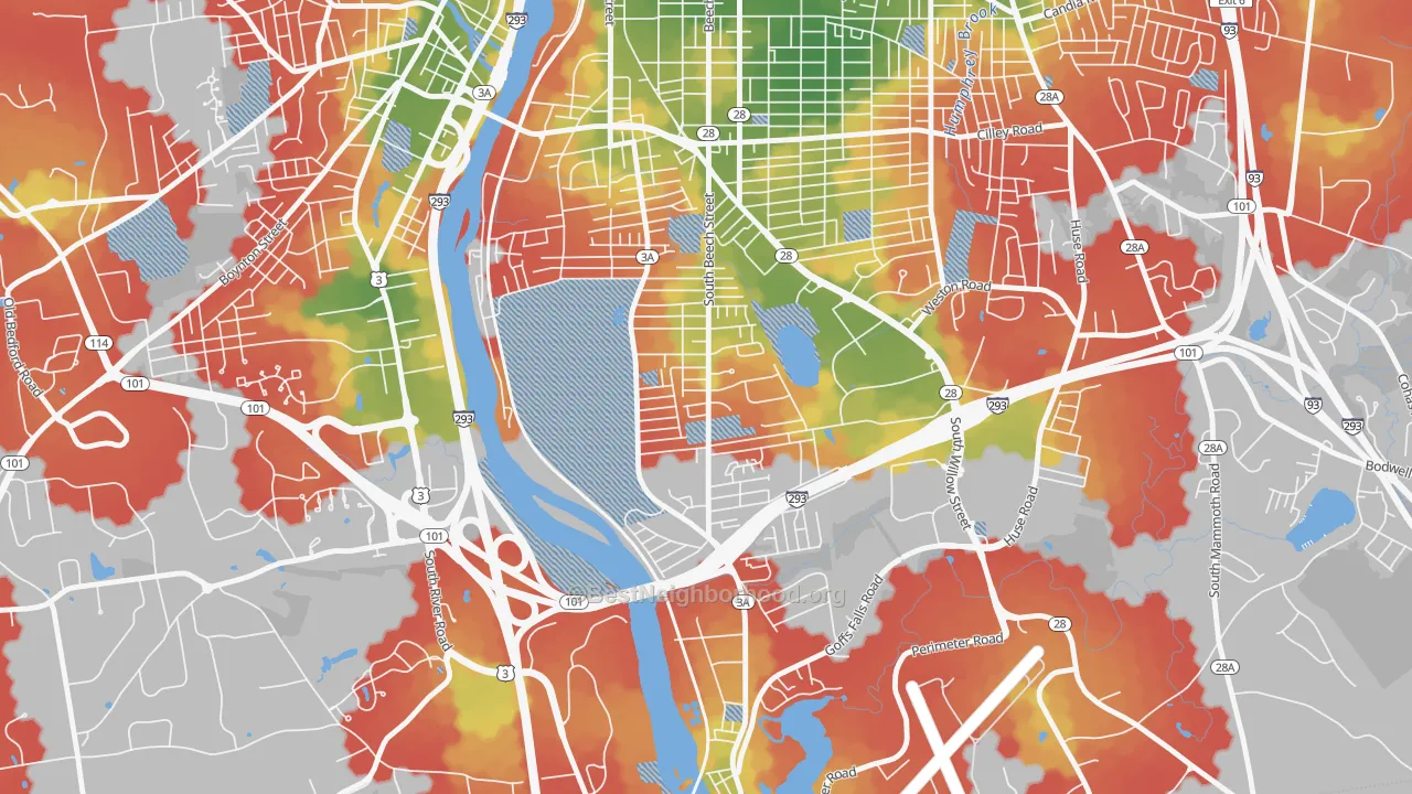 Walk Grade map of Highlands, Manchester, NH, walkable areas in green and car-dependent areas in red