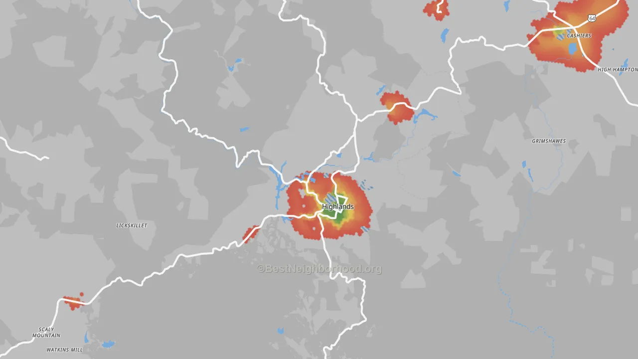 Walk Grade map of Highlands, NC, walkable areas in green and car-dependent areas in red