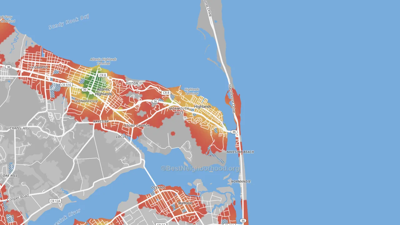 Walk Grade map of Highlands, NJ, walkable areas in green and car-dependent areas in red
