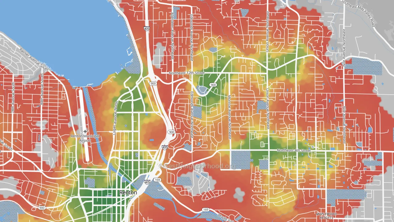 Walk Grade map of Highlands Park, Renton, WA, walkable areas in green and car-dependent areas in red