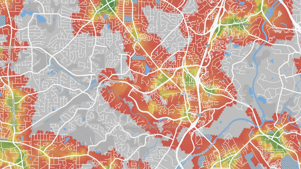 Walk Grade map of Highlands Park, Smyrna, GA, walkable areas in green and car-dependent areas in red