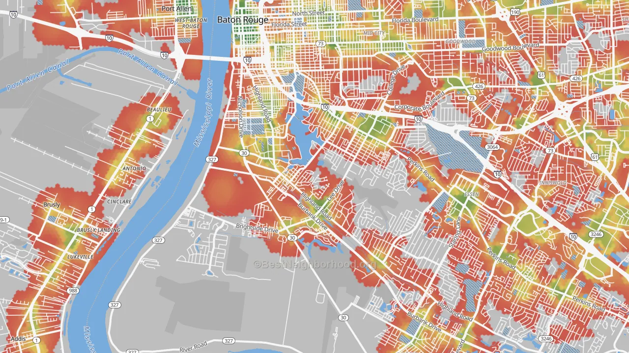 Walk Grade map of Highlands-Perkins, Baton Rouge, LA, walkable areas in green and car-dependent areas in red