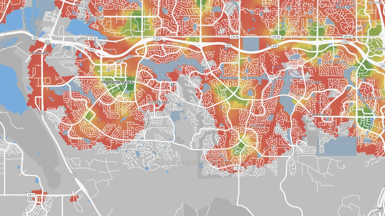 Walk Grade map of Highlands Ranch, CO, walkable areas in green and car-dependent areas in red