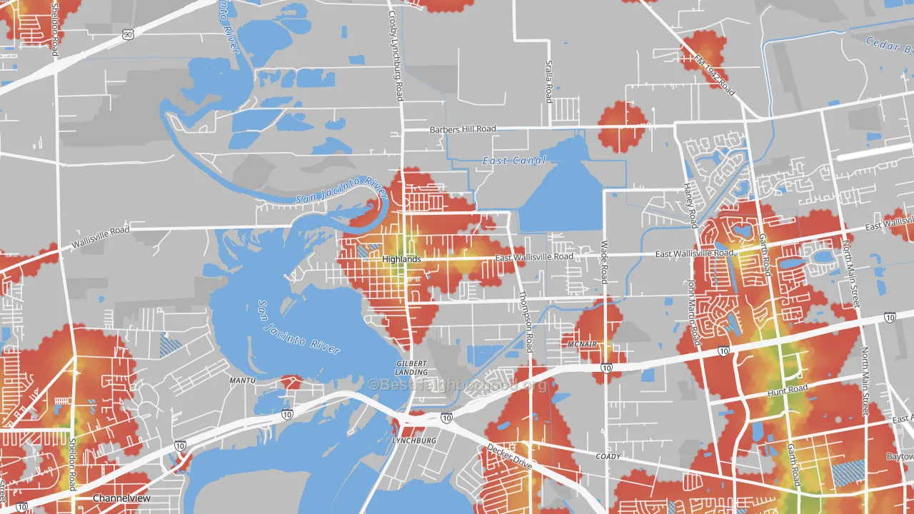 Walk Grade map of Highlands, TX, walkable areas in green and car-dependent areas in red