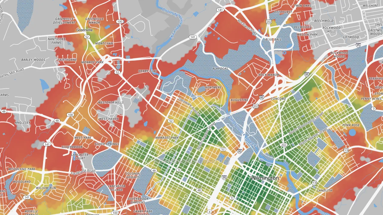 Walk Grade map of Highlands, Wilmington, DE, walkable areas in green and car-dependent areas in red