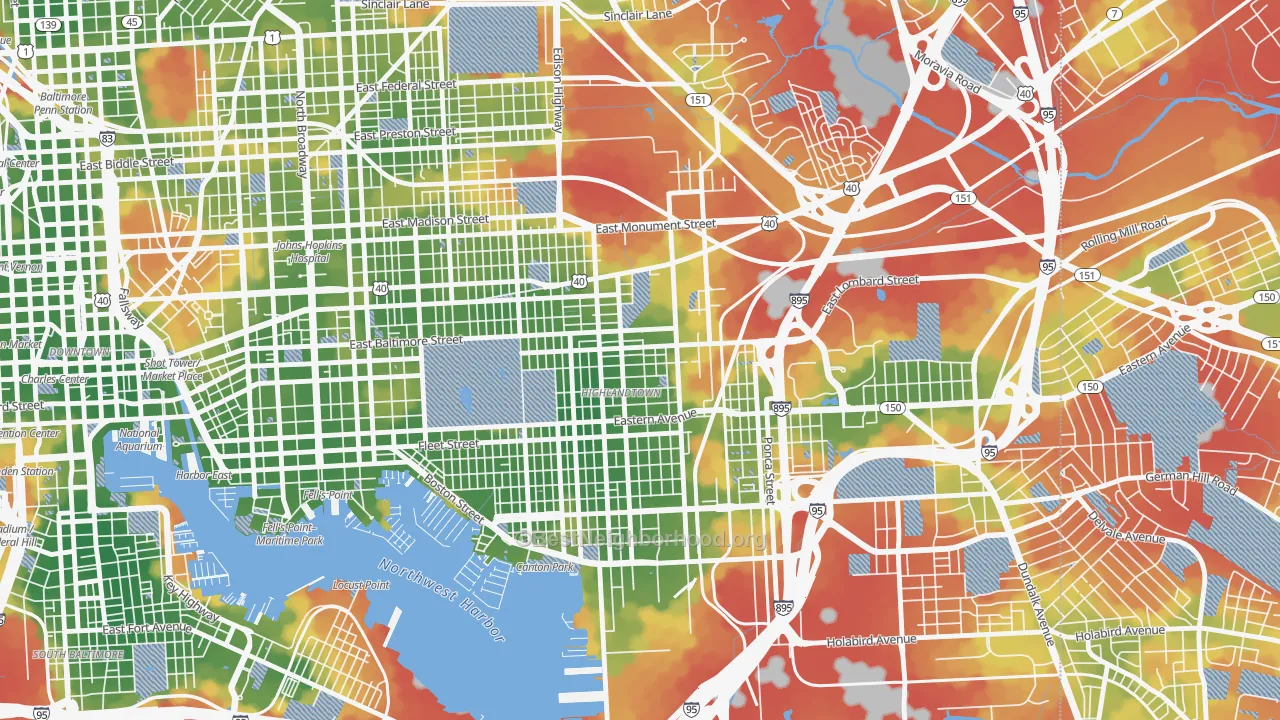 Walk Grade map of Highlandtown, Baltimore, MD, walkable areas in green and car-dependent areas in red