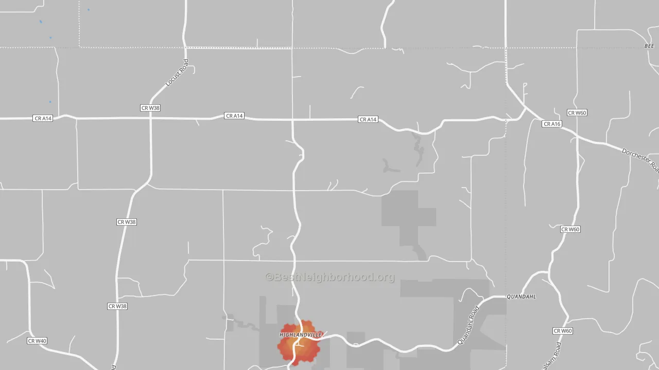 Walk Grade map of Highlandville, IA, walkable areas in green and car-dependent areas in red