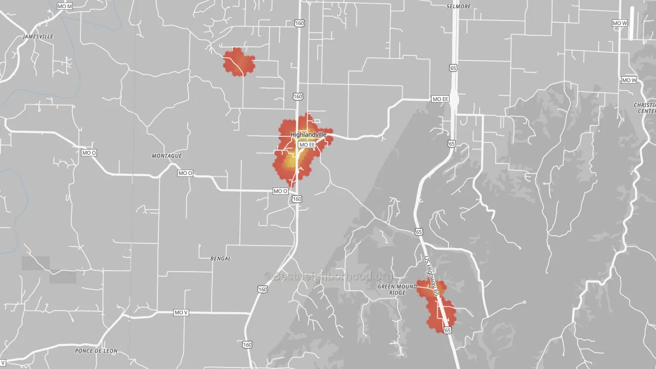 Walk Grade map of Highlandville, MO, walkable areas in green and car-dependent areas in red